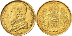 BRÉSIL
Pierre II (1831-1889). 10.000 reis 1831, Rio de Janeiro.
Av. Buste habillé à gauche. Rv. Écu couronné dans une couronne de feuille. Fr. 120. ...