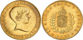 BRÉSIL
Pierre II (1831-1889). 6.400 reis 1833, Rio de Janeiro.
Av. Tête nue à droite. Rv. Écu couronné dans une couronne de feuille. Fr. 115. 14,29 ...