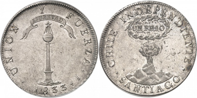CHILI
République (1818 - à nos jours). Peso 1833 I, Santiago.
Av. Colonne surm...