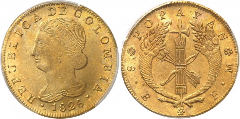 COLOMBIE
République. 8 escudo 1828 FM, Popayan.
Av. Buste de la liberté à gauc...
