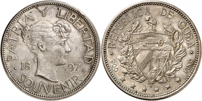 CUBA
République. Peso souvenir 1897.
Av. Tête nue à droite. Rv. Écu de la vill...