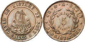 EGYPTE
Canal de Suez. 5 francs 1865, Ch. & A. Bazin.
Av. Voilier naviguant à gauche. Rv. Valeur dans une couronne. L. 6. 10,00 grs. 
Rare, petits c...