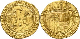 ESPAGNE
Ferdinand et Isabelle (1474-1504). Double excellente, Séville.
Av. Bustes affrontés de Ferdinand et Isabelle. Rv. Aigle sur un écu couronné....