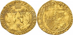 ESPAGNE
Ferdinand et Isabelle (1474-1504). Double excellente, variante essayeur « K ».
Av. Bustes affrontés de Ferdinand et Isabelle. Rv. Aigle sur ...