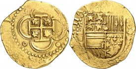 ESPAGNE
Philippe II (1556-1598). 4 escudos 1590, Séville.
Av. Croix avec quadribole en cœur. Rv. Écu couronné. Taule. 15. Fr. 185. 13,46 grs. 
Rare...