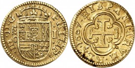 ESPAGNE
Philippe III (1598-1621). Escudo 1607, Ségovie.
Av. Ecu couronné. Rv. Croix dans un quadribole. Cal. 60, Fr. 194. 3,33 grs. 
Trace de netto...