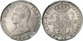 ESPAGNE
Joseph Napoléon (1808-1813). 20 reales 1809 AI, Madrid.
Av. Tête nue à gauche. Rv. Écu couronné. Cal. 24. 27,5 grs. 
PCGS MS 64. Rare dans ...