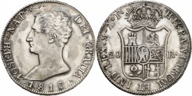 ESPAGNE
Joseph Napoléon (1808-1813). 20 reales 1810 AI, Madrid.
Av. Tête nue à gauche. Rv. Écu couronné. Cal. 25. 26,60 grs. 
TB à TTB
