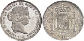 ESPAGNE
Isabelle II (1833-1868). 20 reales 1855, essai en étain argenté au revers.
Av. Tête couronnée à droite. Rv. Écu couronné. Cal. 772. 
NGC MS...
