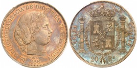 ESPAGNE
Isabelle II (1833-1868). 20 reales 186. , essai en cuivre.
Av. Tête couronnée à droite. Rv. Écu couronné. Cal. manque. 
PCGS SP 65RB. Rare,...