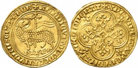 FRANCE
Charles IV (1322-1328). Agnel d’or, 5 janvier 1322.
Av. Agneau pascal nimbé détournant la tête vers une bannière. B à la base de la croix sup...