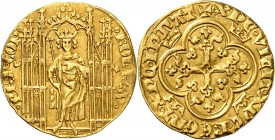 FRANCE
Charles IV 1322-1328). Petit royal d’or ou 1/2 royal d’or, 16 février 1316 .
Av. Le roi debout sous un dais gothique. Rv. Croix fleuronnée et...