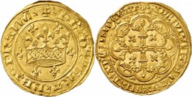 FRANCE
Philippe VI (1328-1350). Couronne d’or.
Av. Couronne entourée de six lis. Rv. Croix feuillue et glandée, avec quadrilobe en cœur, cantonnée d...