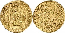 FRANCE
Philippe VI (1328-1350). Double d’or Ière émission du 6 avril 1340.
Av. Le roi assis dans une stalle gothique avec baldaquin, couronné, tenan...