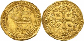 FRANCE
Jean II le Bon (1350-1364). Mouton d’or.
Av. Agneau pascal à gauche, la tête tournée à droite, dans un polybole, légende circulaire. Rv. Croi...