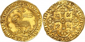 FRANCE
Jean le Bon (1350-1364). Moutonnet d’or ou 1/2 mouton d’or, 1357.
Av. Agneau pascal à gauche. Derrière lui, une croix portant un étendard. No...