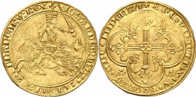 FRANCE
Jean II le Bon (1350-1364). Franc à cheval, décembre 1360.
Av. Le roi galopant à gauche, tenant une épée dans sa main gauche. Rv. Croix feuil...