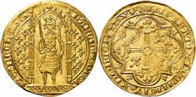 FRANCE
Charles V (1364-1380). Franc à pied 20 avril 1365.
Av. Le roi, couronné, debout sous un dais accosté de lis, portant une cotte d’armes fleurd...