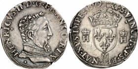 FRANCE
François II (1559-1560). Teston au nom d’Henri II 1559, Toulouse.
Av. Buste cuirassé droite. Rv. Ecu couronné accosté de deux H. Dup. 1031. 9...