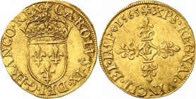 FRANCE
Charles IX (1560-1574). Ecu d’or au soleil 1565, Poitiers.
Av. Écu de France couronné. Rv. Croix fleurdelisée. Dup. 1567, Fr. 378. 3,35 grs. ...