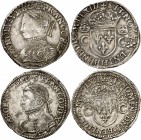 FRANCE
Charles IX (1560-1574). Lot de deux monnaies, Teston 1562, Paris et Teston 1563, La Rochelle.
Av. Buste lauré et cuirassé à gauche. Rv. Écu d...