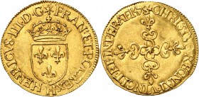 FRANCE
Henri III (1574-1589). Ecu d’or 1578, La Rochelle.
Av. Écu de France couronné. Rv. Croix fleurdelisée. Dup 1121a Fr. 386. 3,32 grs. Provenanc...