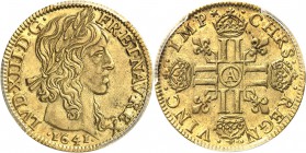FRANCE
Louis XIII (1610-1643). Louis d’or à la mèche longue 1641, Paris.
Av. Tête laurée à droite. Rv. Croix formée de huit L adossés et couronnés. ...