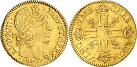 FRANCE
Louis XIII (1610-1643). ½ louis d’or à la mèche courte 1640, Paris. Grosse tête.
Av. Tête laurée à droite. Rv. Croix formée de huit L adossés...