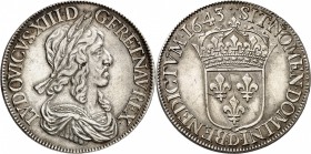FRANCE
Louis XIII (1610-1643). Écu de 60 sols, deuxième poinçon de Warin 1643, Lyon.
Av. Buste lauré et drapé à droite. Rv. Écu de France couronné. ...