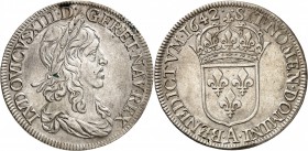 FRANCE
Louis XIII (1610-1643). ½ écu à la mèche longue 1642, Paris.
Av. Buste lauré et drapé à droite. Rv. Écu de France couronné. G. 49, Dup. 1346....