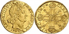 FRANCE
Louis XIV (1643-1715). Double louis d’or aux 8 L et aux insignes 1702, Dijon.
Av. Tête laurée à droite. Rv. Croix formée de huit L et surmont...