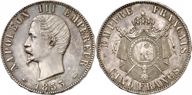 FRANCE
Napoléon III (1852-1870). CINQ (5) francs 1853, épreuve en argent, Paris...
