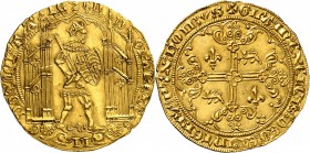 FRANCE FÉODALE
Aquitaine, Edouard III (1327-1362). Guyennois, troisième type.
Av. Le prince tenant un bouclier et une épée. Croix cantonnée de quatr...