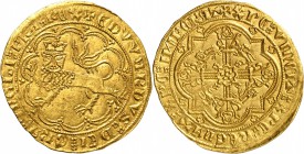 FRANCE FÉODALE
Aquitaine, Edouard III (1327-1362). Léopard d’or, juillet 1357.
Av. Léopard couronné à gauche. Rv. Croix fleuronnée cantonné de quatr...