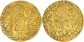 FRANCE FÉODALE
Ligny et Saint Pol, Gui de Luxembourg (1367-1371). Franc à Pied.
Av. Le comte debout sous un dais, tenant une épée et une main de jus...