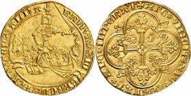 FRANCE FÉODALE
Principauté d’Orange, Raymond IV (1340-1393). Franc à cheval.
Av. Le prince galopant à gauche, tenant une épée dans sa main gauche. R...