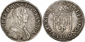 FRANCE FÉODALE
Principauté d’Orange, Guillaume IX (1647-1650). Écu 1650, Orange.
Av. Buste cuirassé à droite. Rv. Écu couronné. Dav. 3844. 26,75 grs...