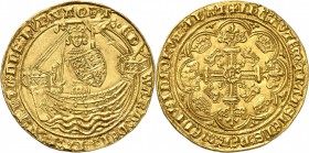 GRANDE-BRETAGNE
Edouard III (1361-1369). Noble d’or.
Av. Le roi debout dans une nef, tenant un bouclier dans la main gauche, et une épée dans la mai...