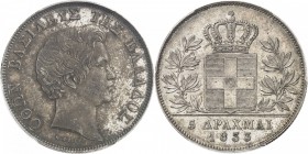 GRÈCE
Othon Ier (1832-1862). 5 drachmes 1833, Munich.
Av. Tête nue à droite. Rv. Écu couronné. Km. 20. 22,30 grs. 
PCGS AU 55. TTB à Superbe
