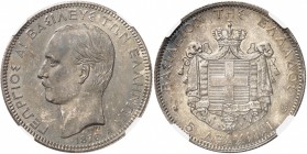 GRÈCE
Georges Ier (1863-1913). 5 drachmes 1876, Paris.
Av. Tête nue à gauche. Rv. Écu couronné posé sur un manteau. Km. 46. 25,00 grs. 
NGC MS 64. ...