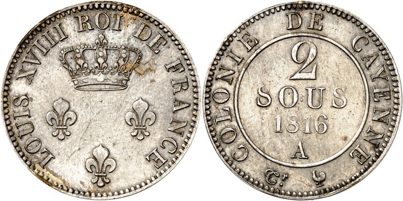 GUYANE
Louis XVIII (1814-1824). 2 sous en bronze argenté 1816, essai, Paris.
A...