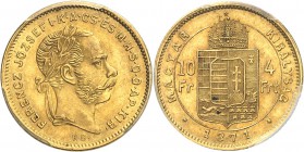 HONGRIE
François Joseph (1848-1916). 10 francs / 4 Forint 1871, Kremnitz.
Av. Tête laurée à droite. Rv. Écusson couronné. Fr. 247. 3,22 grs. 
PCGS ...
