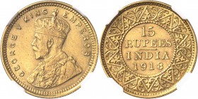 INDE
George V (1910-1936). 15 roupies 1918, Bombay.
Av. Buste couronné à gauche. Rv. Légende sur quatre lignes. Fr. 1608. 8,00 grs. 
NGC AU 58. TTB...
