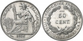INDOCHINE
50 cent 1936, Paris, essai en aluminium.
Av. La Liberté assise et tenant un faisceau. Rv. Valeur dans une couronne. L. 225. 3,00 grs. 
Su...
