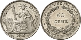 INDOCHINE
50 cent 1946, Paris, essai en nickel.
Av. La Liberté assise et tenant un faisceau. Rv. Valeur dans une couronne. L. 225. 12,06 grs. 
Supe...