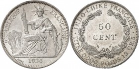 INDOCHINE
50 cent 1936, Paris.
Av. La Liberté assise et tenant un faisceau. Rv. Valeur dans une couronne. L. 261. 
PCGS MS 65+. Fleur de coin
