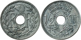 INDOCHINE
½ cent zinc 1939.
Av. Bonnet phrygien entouré des lettres R et F Rv. La valeur de part et d’autre du trou central. L. 31. 
PCGS MS 63. Su...