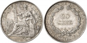 INDOCHINE
Cochinchine. 20 centimes 1879, Paris.
Av. La Liberté assise. Rv. Valeur dans une couronne. L. 26. 5,45 grs. 
TTB