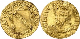 ITALIE
République de Lucca (1369-1799). Ecu d’or au soleil 1552.
Av. Ecu surmonté d’un soleil. Rv. Buste de trois quarts de Charles Quint. CNI. 327....