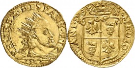 ITALIE
Milan, Philippe II (1554-1598). Doppia or 1582.
Av. Tête couronnée à droite. Rv. Ecu couronné. Fr. 716, Crippa 4/B. 
PCGS MS 63. Magnifique ...